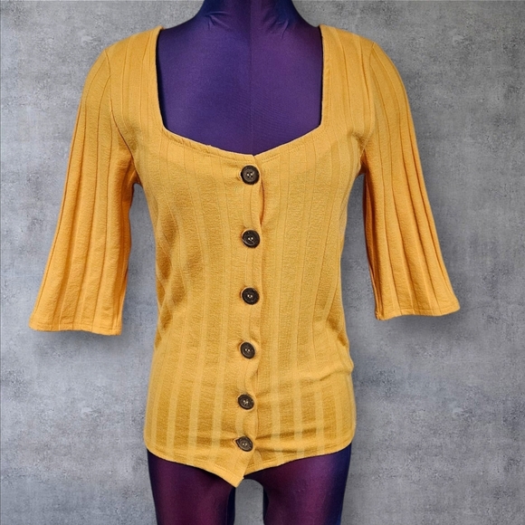 Free People Central Park Ribbed Button Down Top Gold Size Large Women's T25 - Picture 1 of 8